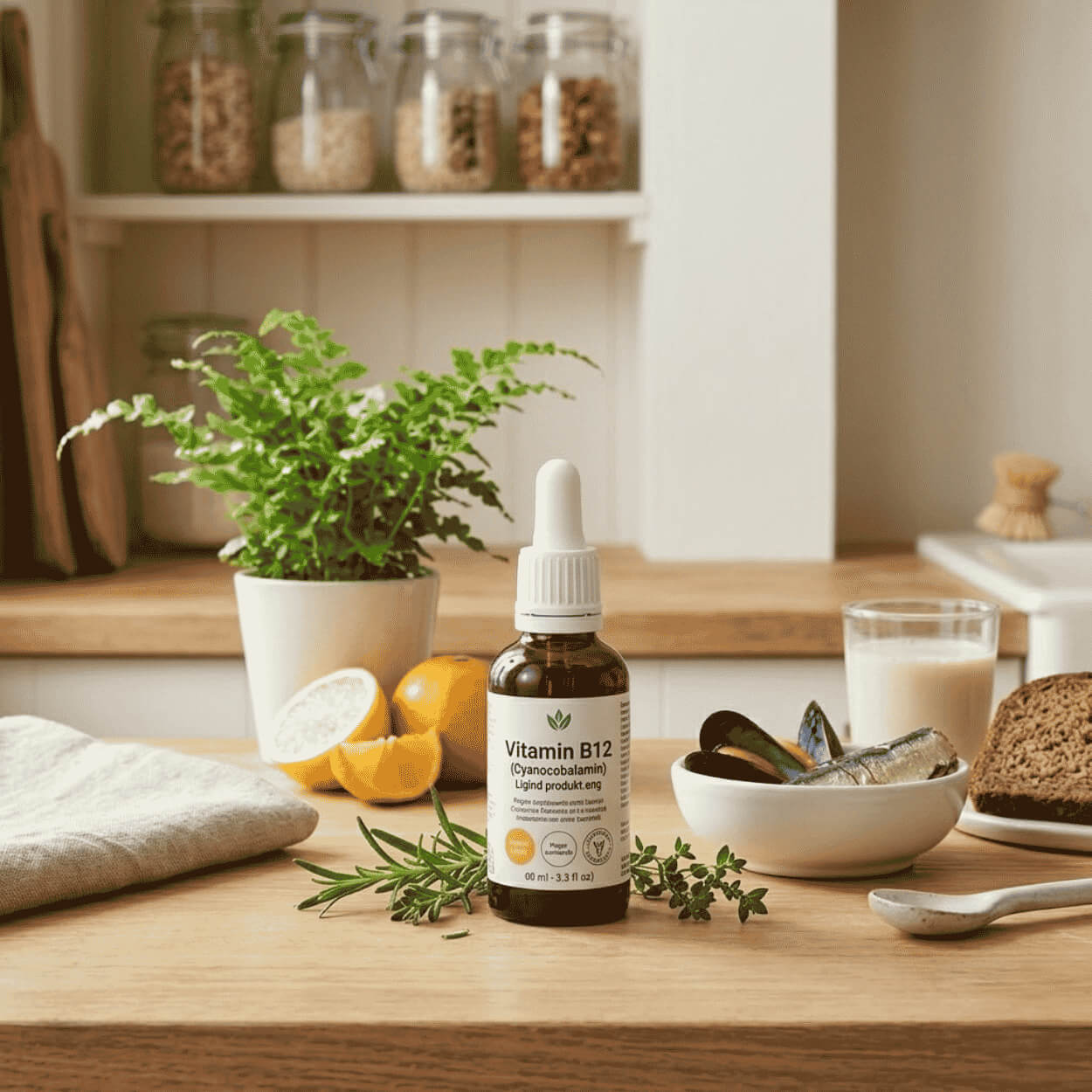 Tekutý vitamin B12 Metabolics v lahvičce s kapátkem na kuchyňské lince.